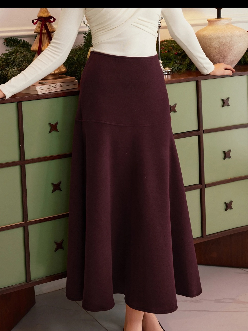 Burgundy Wool-like Flared Maxi Skirt